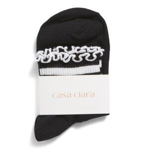 CASA CLARA Black Marina Varsity Striped Socks With Ruffle Trim